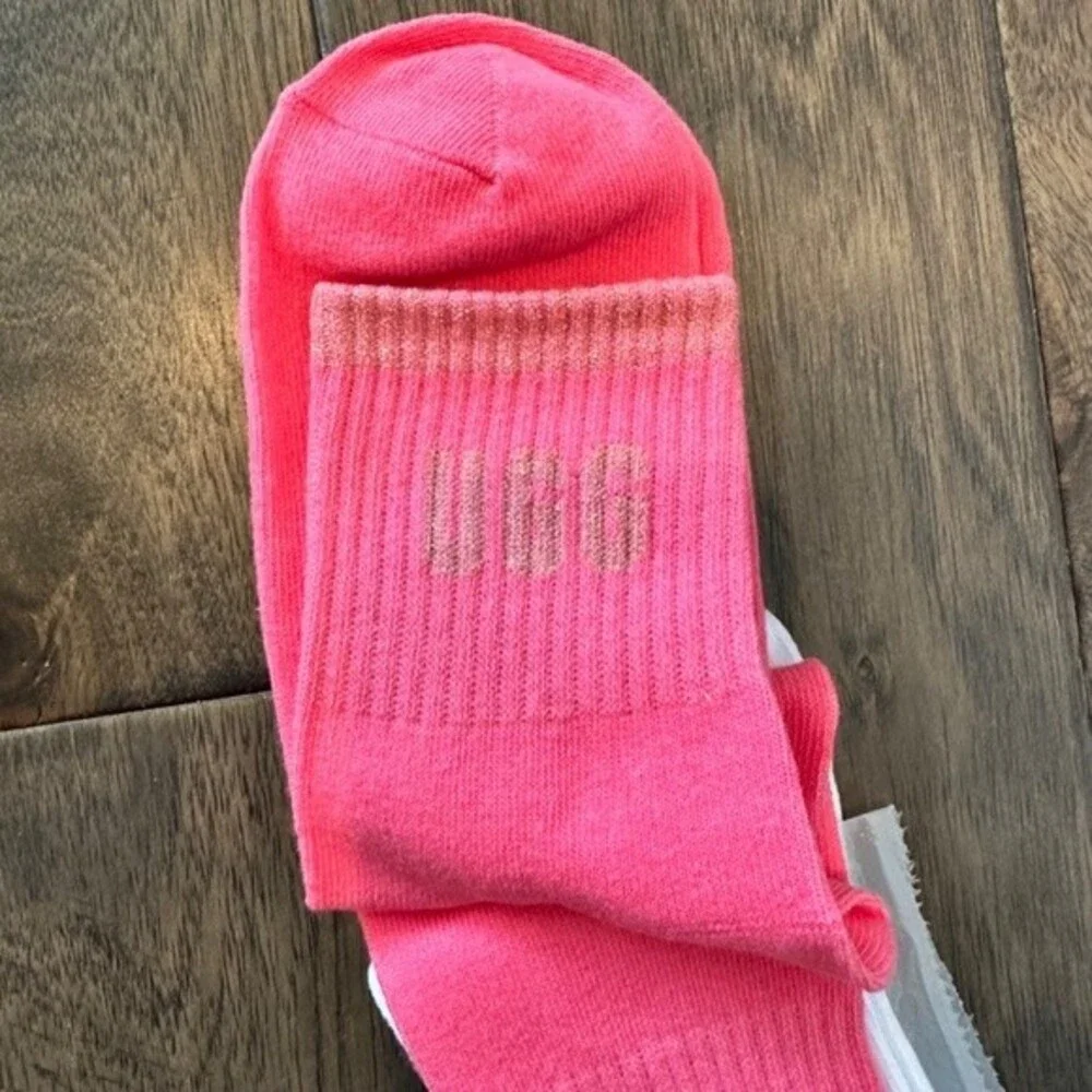 NWT UGG Pink & White Glitter Logo Crew Socks - 2 Pair - One Size